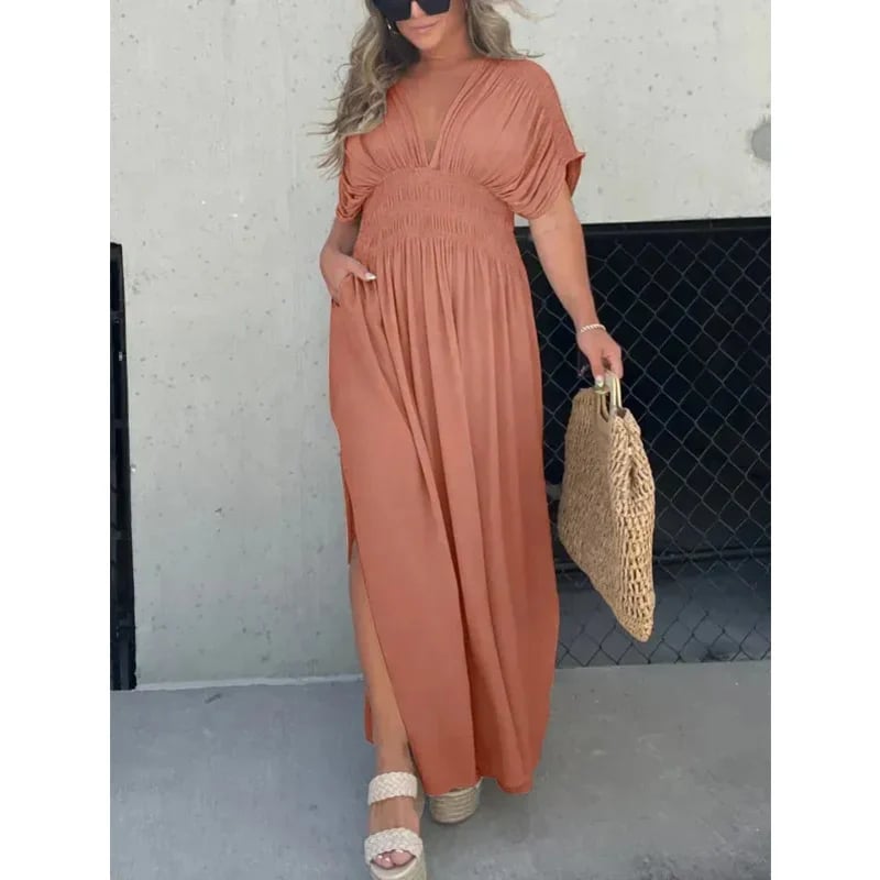 Eaksone - Slit V-neck casual long dress