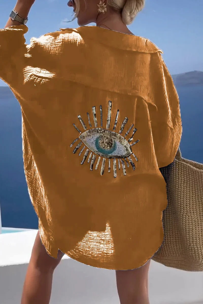 Eaksone - Evil Eye Casual Sequin Beaded Shirt