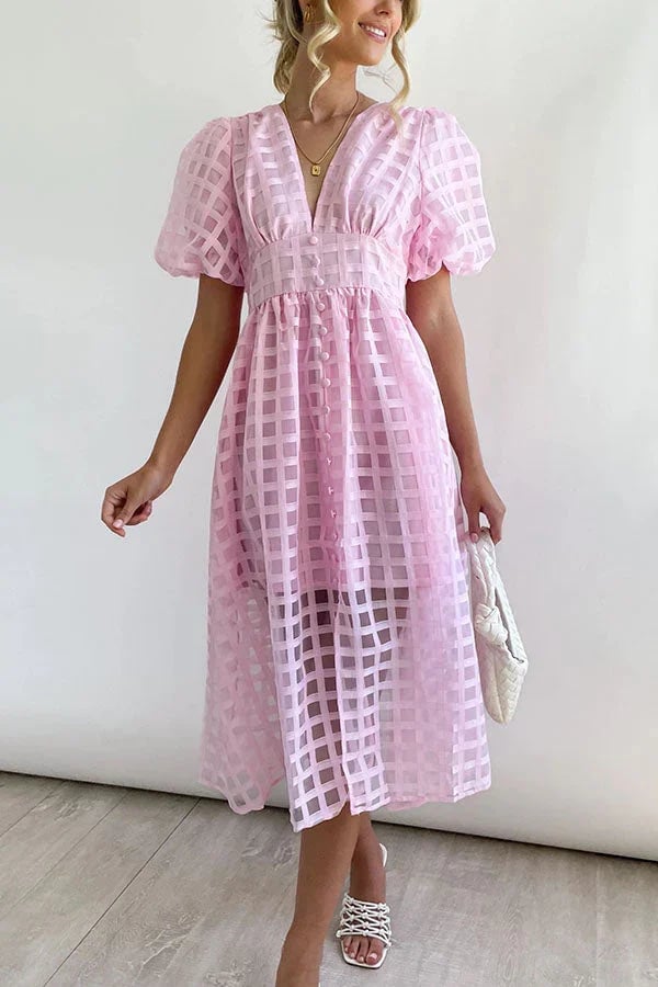 Eaksone - Beautiful square pattern fabric puff sleeve midi