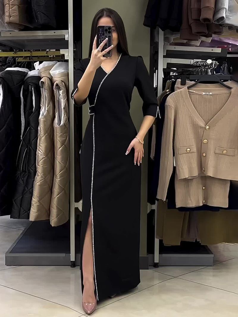 Eaksone - V-neck Slim Fit Temperament  Dress