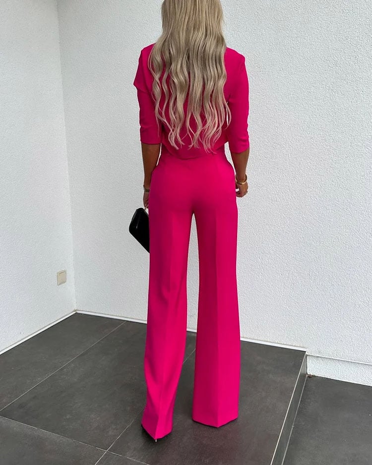 Eaksone - Fashionable solid color high waisted straight pants suit