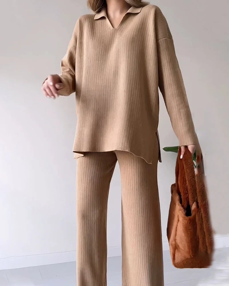 Eaksone - V-neck casual slit knitted two-piece set