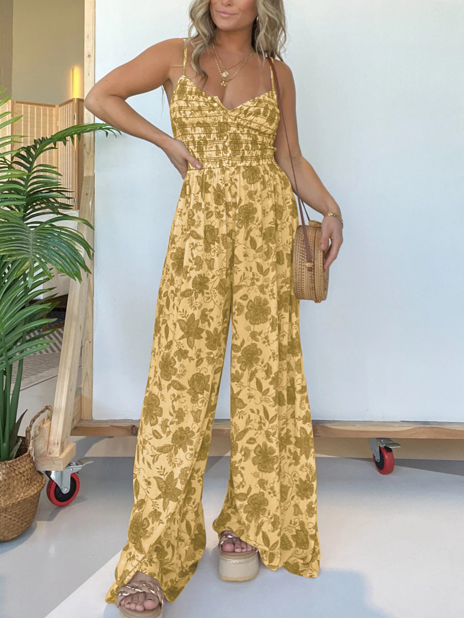 Eaksone - Floral Suspender Wide-leg Jumpsuit
