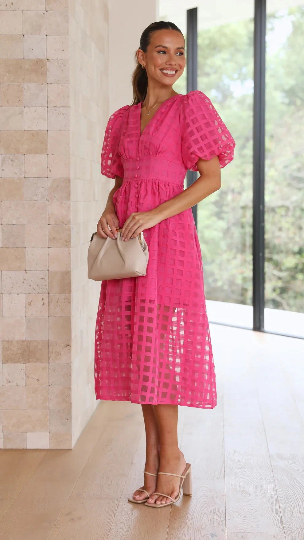 Eaksone - Beautiful square pattern fabric puff sleeve midi