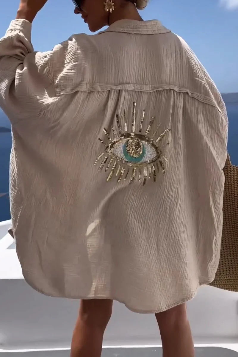 Eaksone - Evil Eye Casual Sequin Beaded Shirt