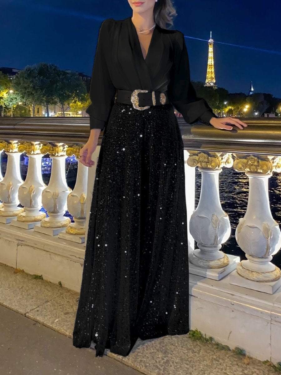 Eaksone - Stylish V-Neck Long Sleeve Shirt & Sequin Wide Leg Pants Two Piece Set