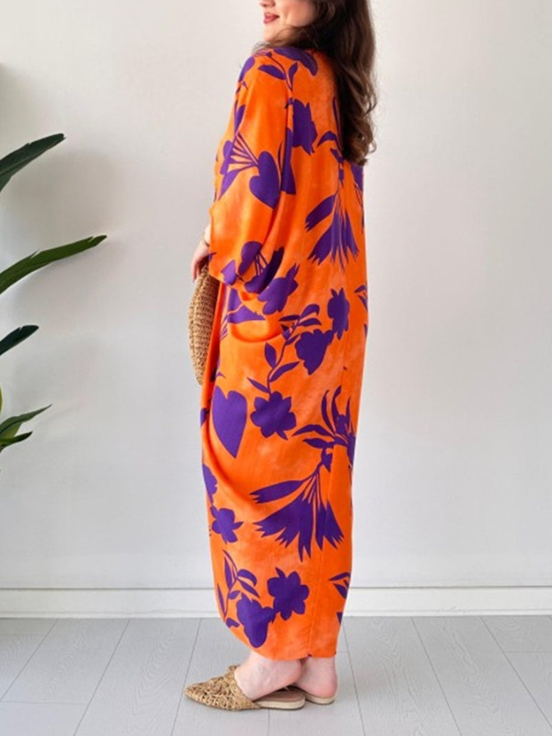 Eaksone - Fashion Printed Bat Sleeve V-Neck Dress