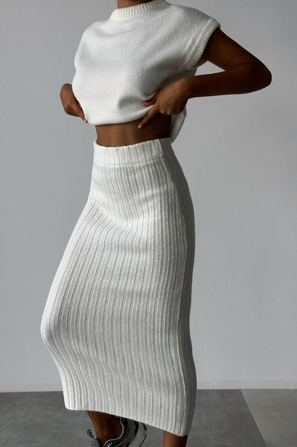 Eaksone - Knit Short Sleeve Sweater and Stretch Ribbed Midi Skirt Set