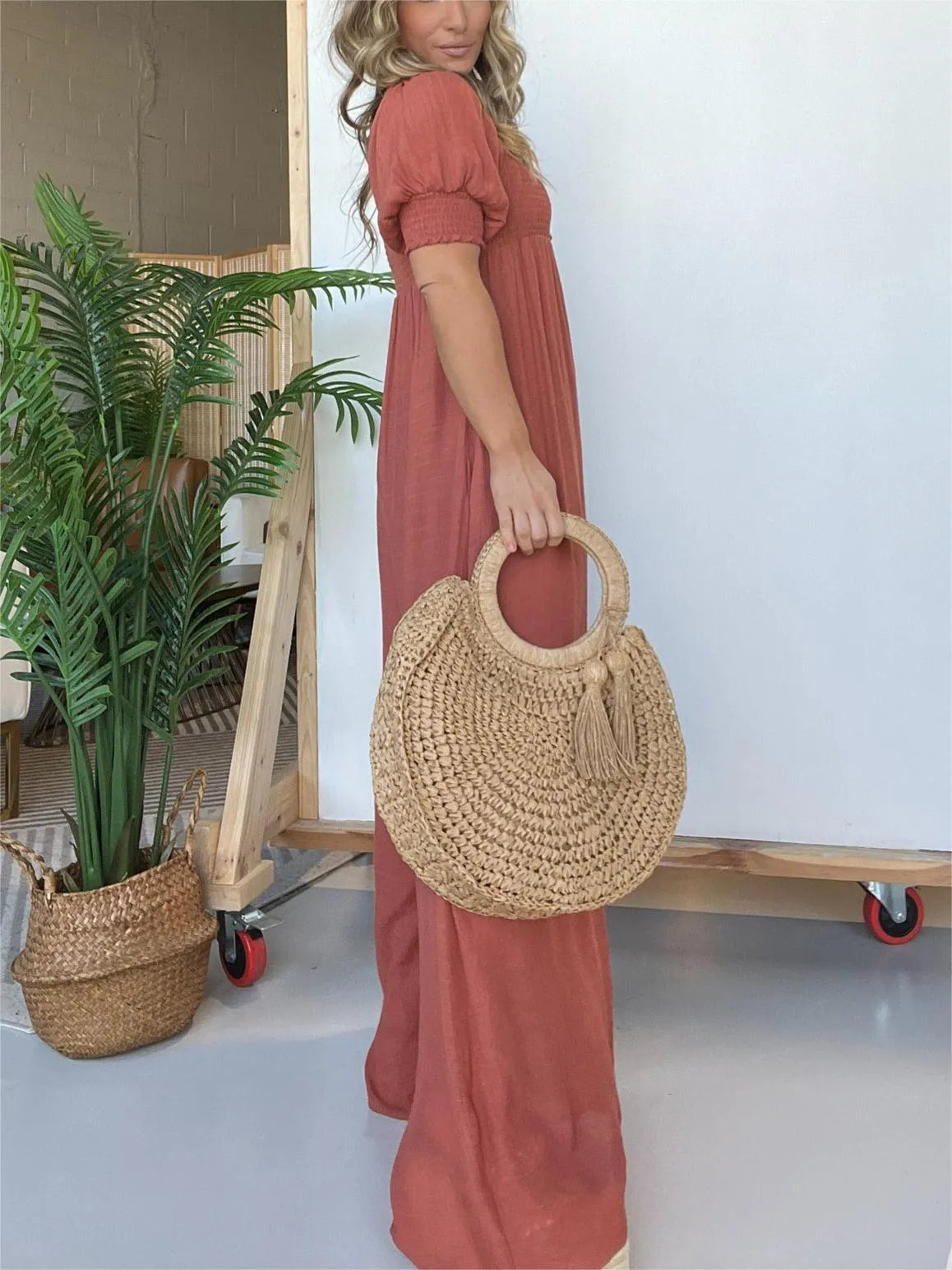 Eaksone - Square Neckline Jumpsuit With Smocked Bodice Button