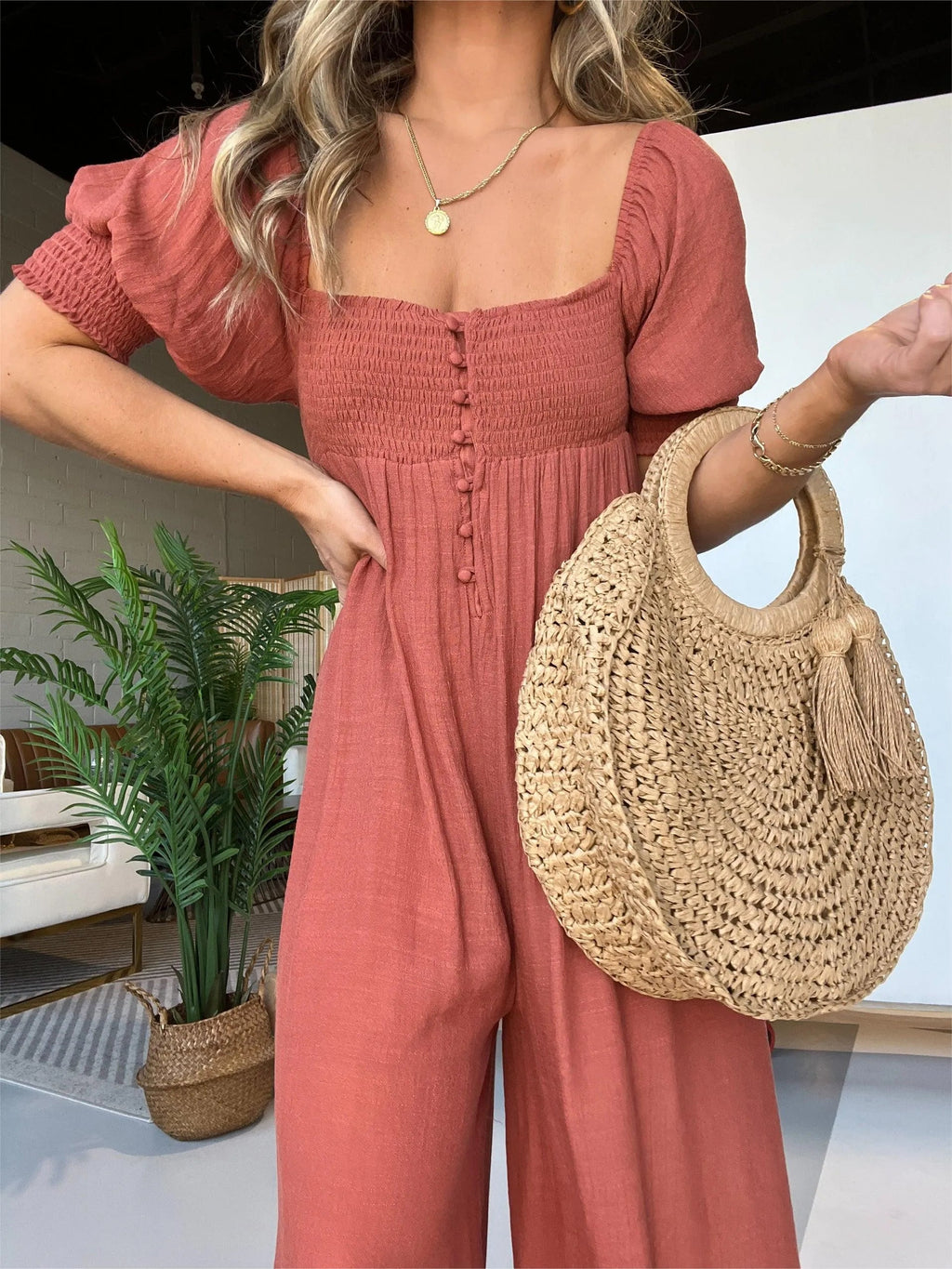 Eaksone - Square Neckline Jumpsuit With Smocked Bodice Button