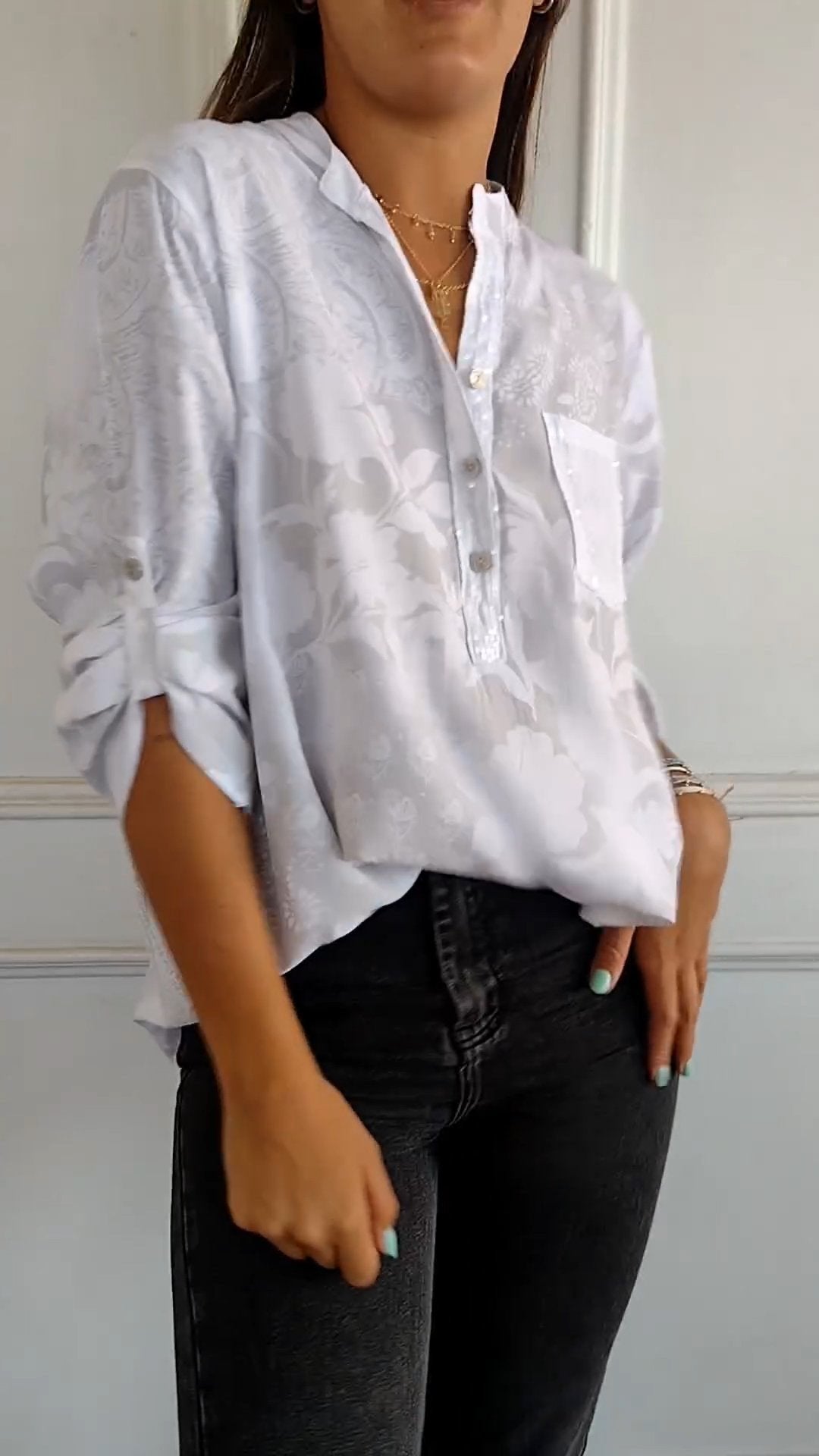 Eaksone - V-neck Half-button Printed Top