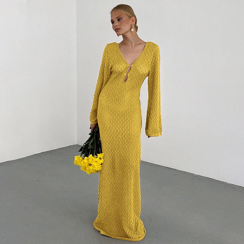 Eaksone - Crochet Fishtail Flare Sleeve Maxi Dress