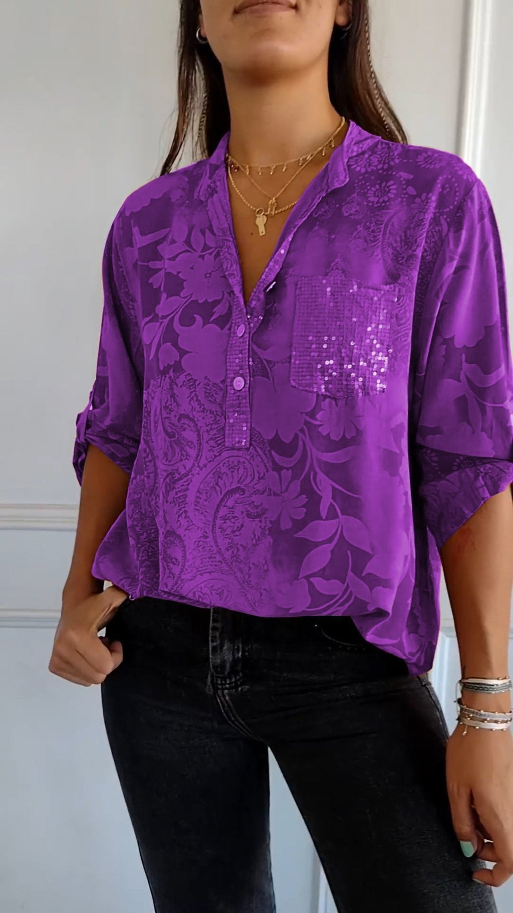 Eaksone - V-neck Half-button Printed Top
