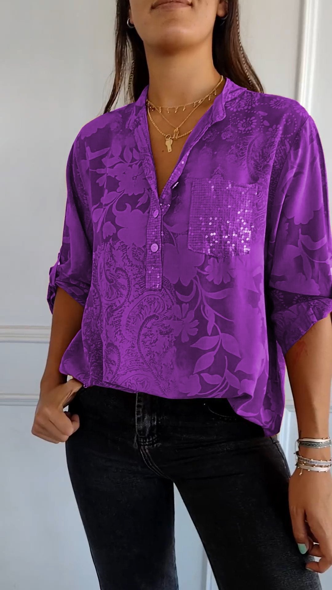 Eaksone - V-neck Half-button Printed Top