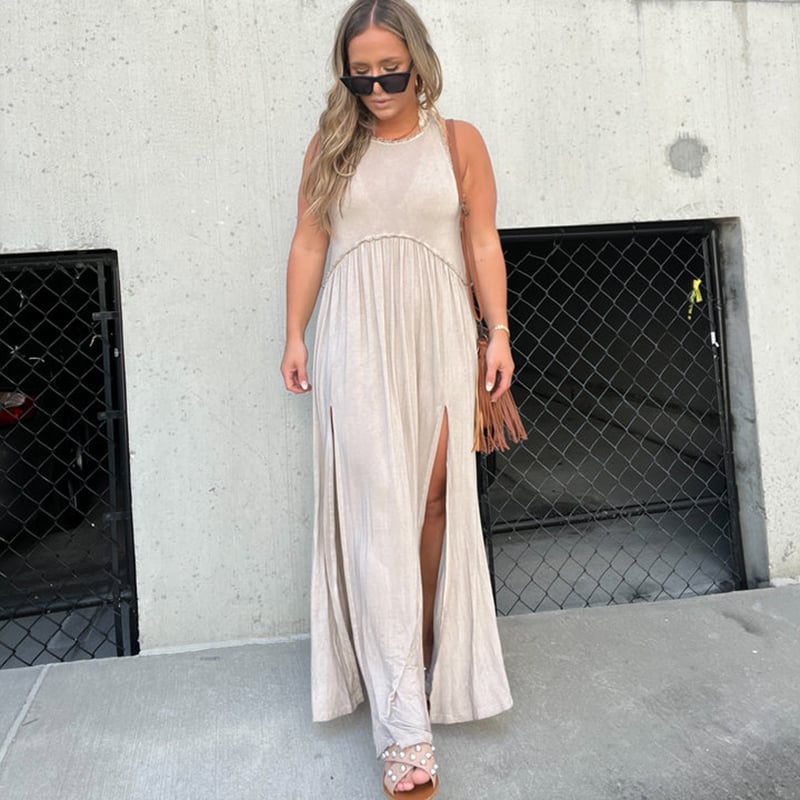 Eaksone - Slit Casual Simple Loose Maxi Long Dress