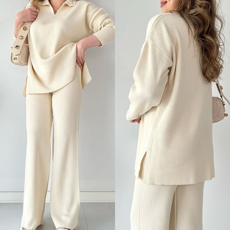 Eaksone - V-neck casual slit knitted two-piece set