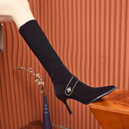 Eaksone - Knitted Long Lointed Toe Stiletto Boots