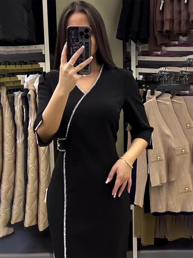 Eaksone - V-neck Slim Fit Temperament  Dress