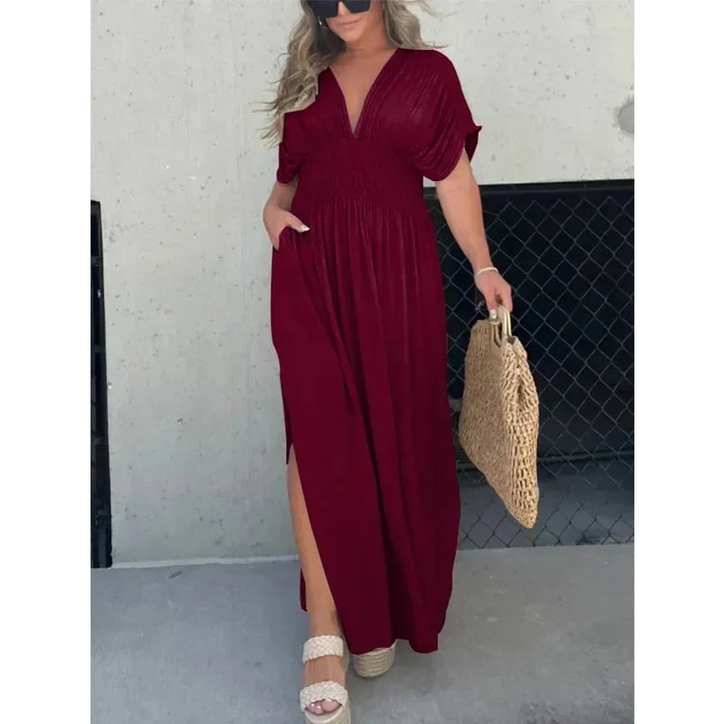 Eaksone - Slit V-neck casual long dress