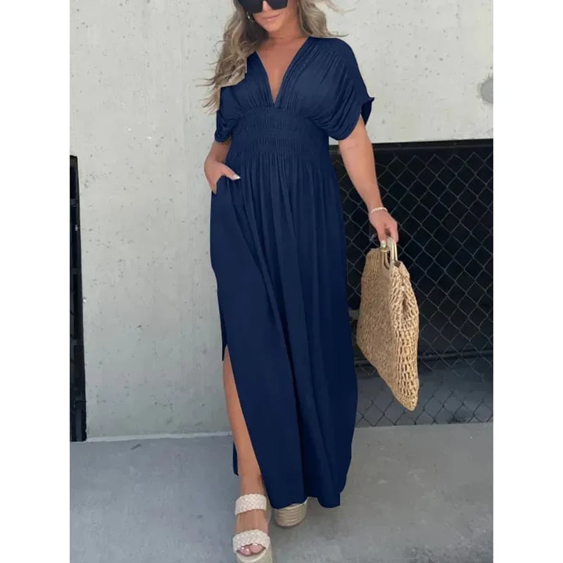 Eaksone - Slit V-neck casual long dress