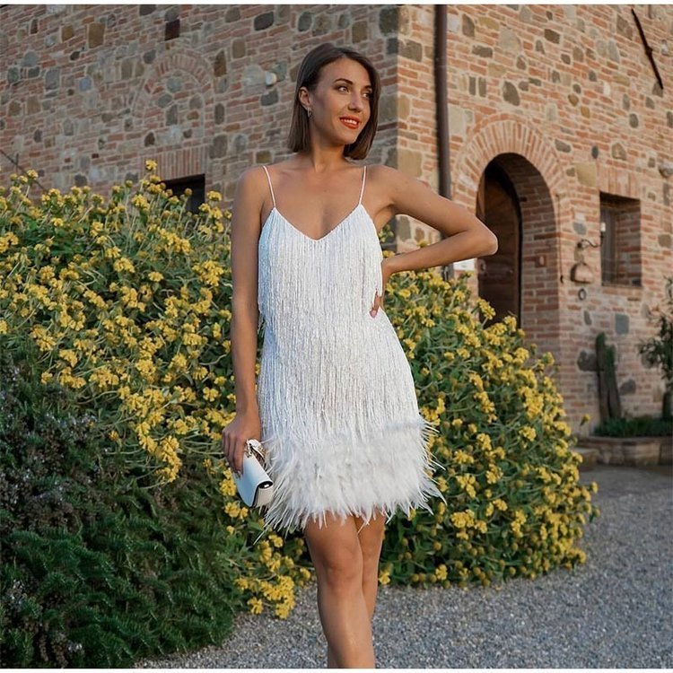 Eaksone - Women's Feather Fringe Sequin Spaghetti Strap Dress