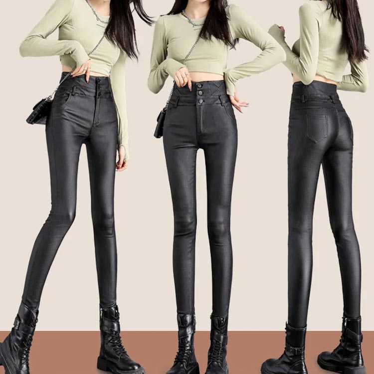 Eaksone - Women's 3-button quilted matte leather leggings