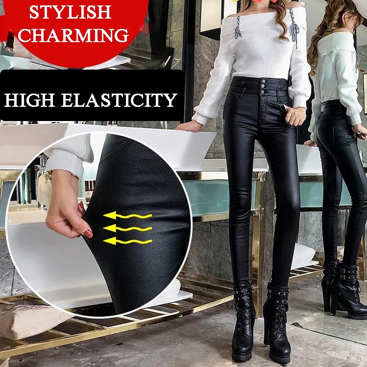 Eaksone - Women's 3-button quilted matte leather leggings