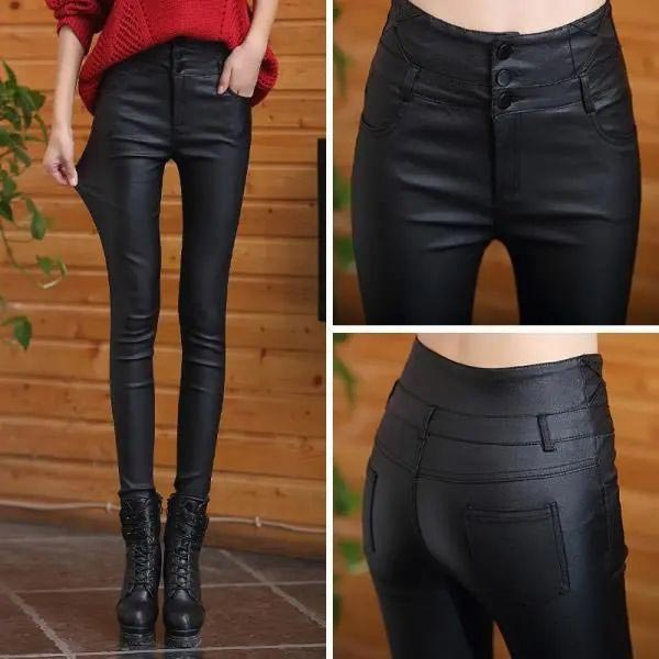 Eaksone - Women's 3-button quilted matte leather leggings
