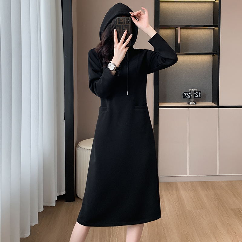 Eaksone - Women's Long Sleeve Hooded Pockets Sweatshirt Dress
