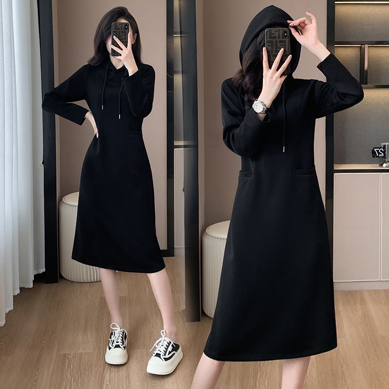 Eaksone - Women's Long Sleeve Hooded Pockets Sweatshirt Dress