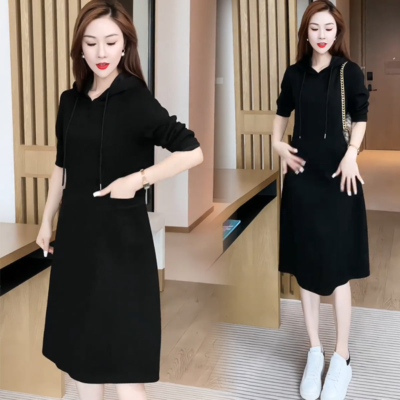Eaksone - Women's Long Sleeve Hooded Pockets Sweatshirt Dress