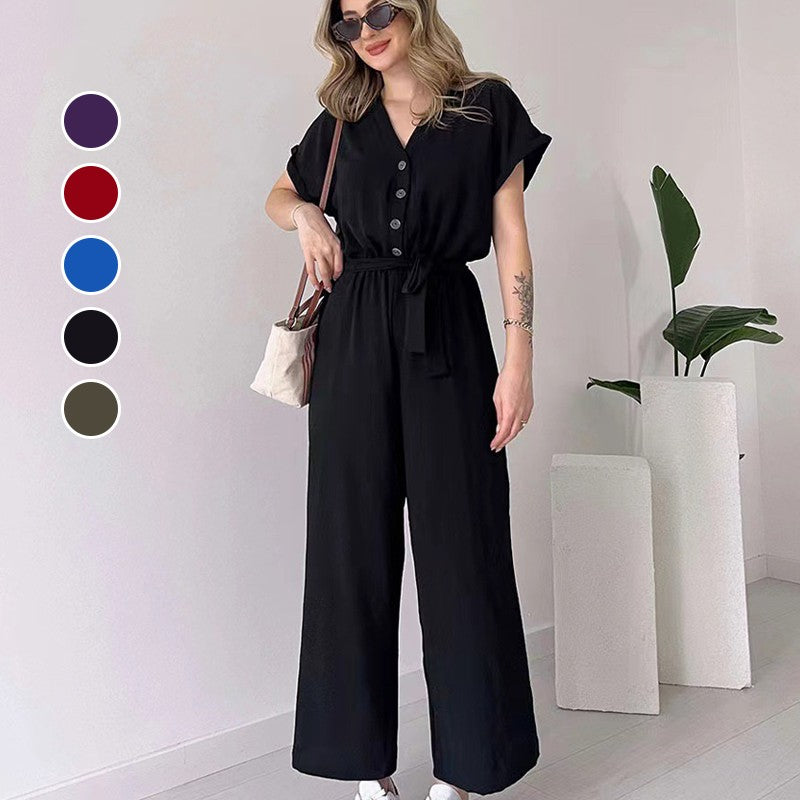 Eaksone - Women's V-Neck Short Sleeve Casual Jumpsuit