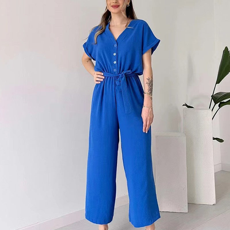 Eaksone - Women's V-Neck Short Sleeve Casual Jumpsuit
