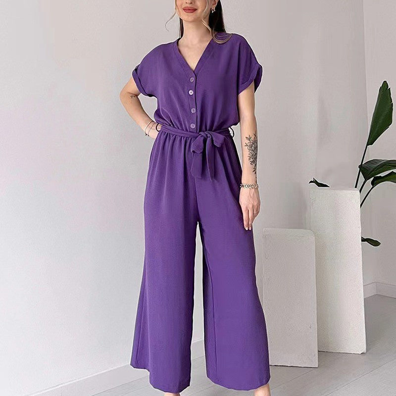 Eaksone - Women's V-Neck Short Sleeve Casual Jumpsuit