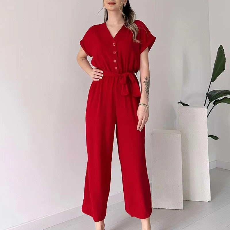 Eaksone - Women's V-Neck Short Sleeve Casual Jumpsuit
