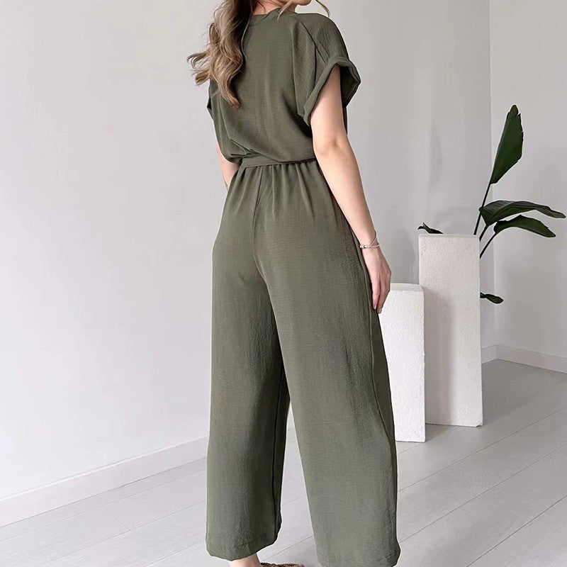Eaksone - Women's V-Neck Short Sleeve Casual Jumpsuit
