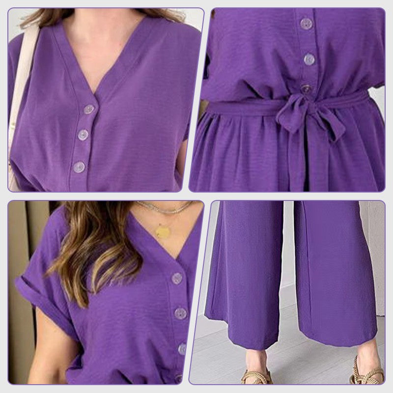 Eaksone - Women's V-Neck Short Sleeve Casual Jumpsuit