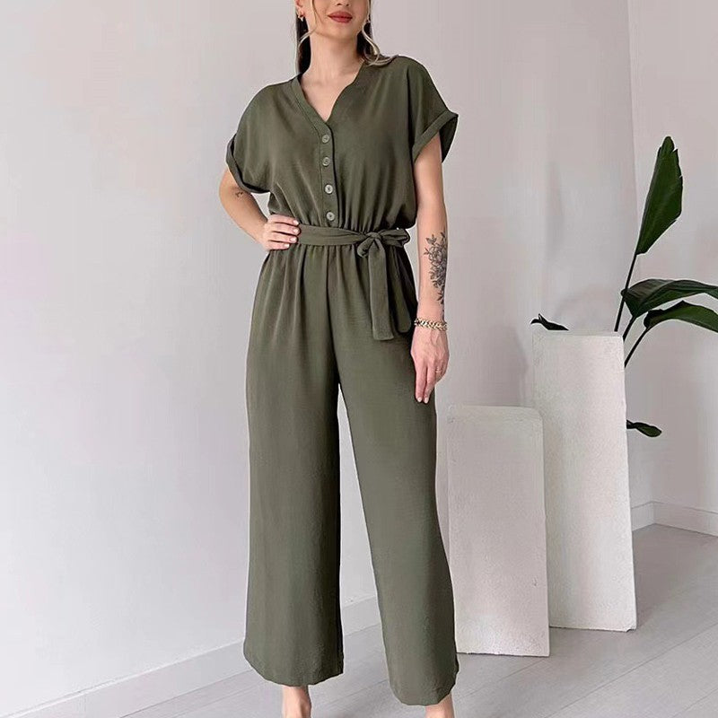 Eaksone - Women's V-Neck Short Sleeve Casual Jumpsuit
