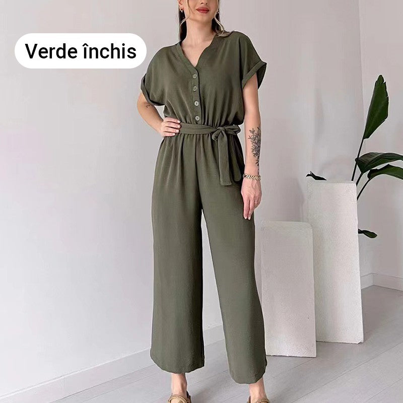 Eaksone - Women's V-Neck Short Sleeve Casual Jumpsuit