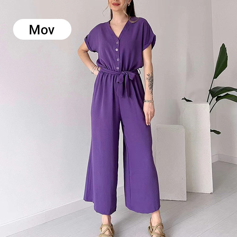 Eaksone - Women's V-Neck Short Sleeve Casual Jumpsuit