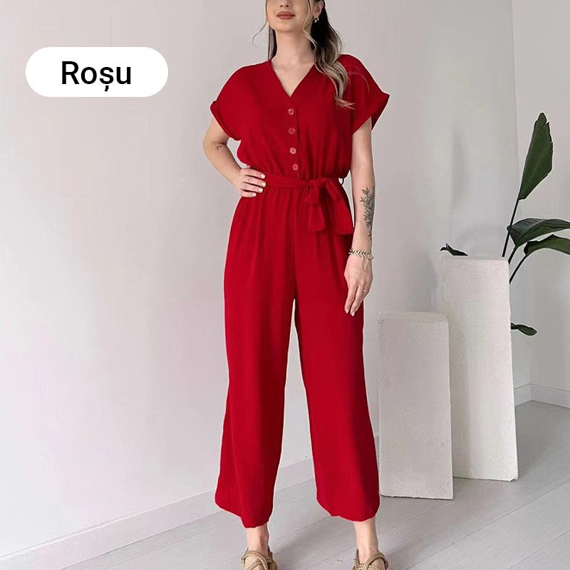 Eaksone - Women's V-Neck Short Sleeve Casual Jumpsuit