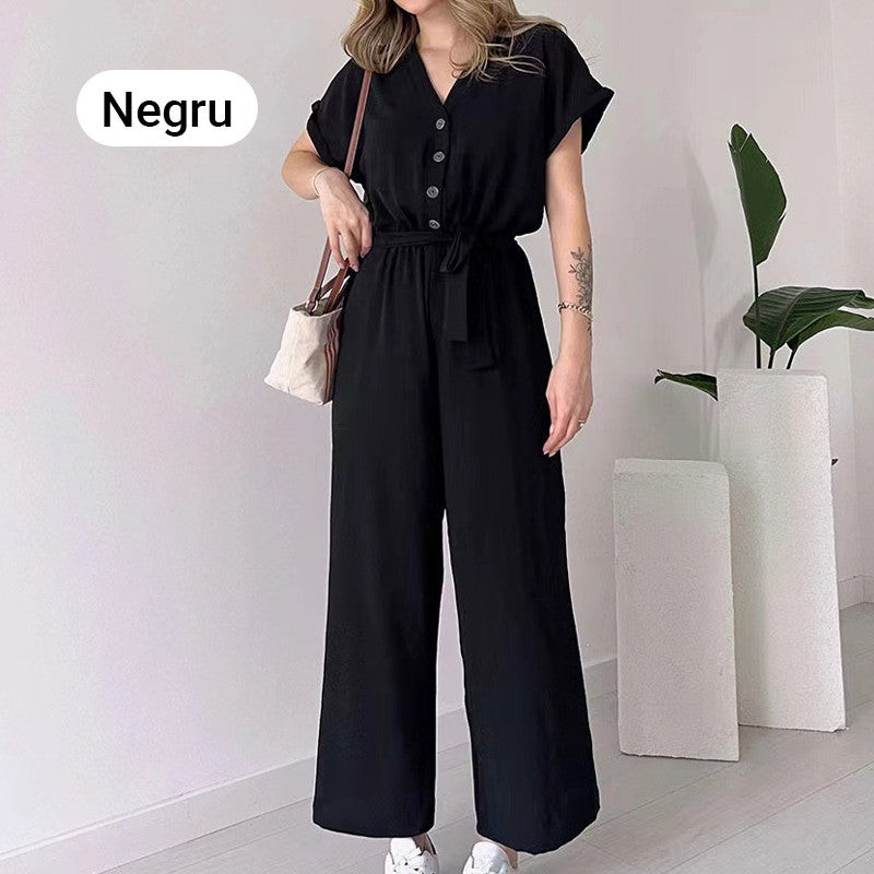 Eaksone - Women's V-Neck Short Sleeve Casual Jumpsuit
