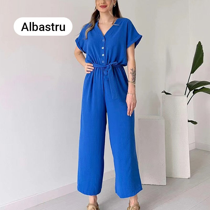 Eaksone - Women's V-Neck Short Sleeve Casual Jumpsuit