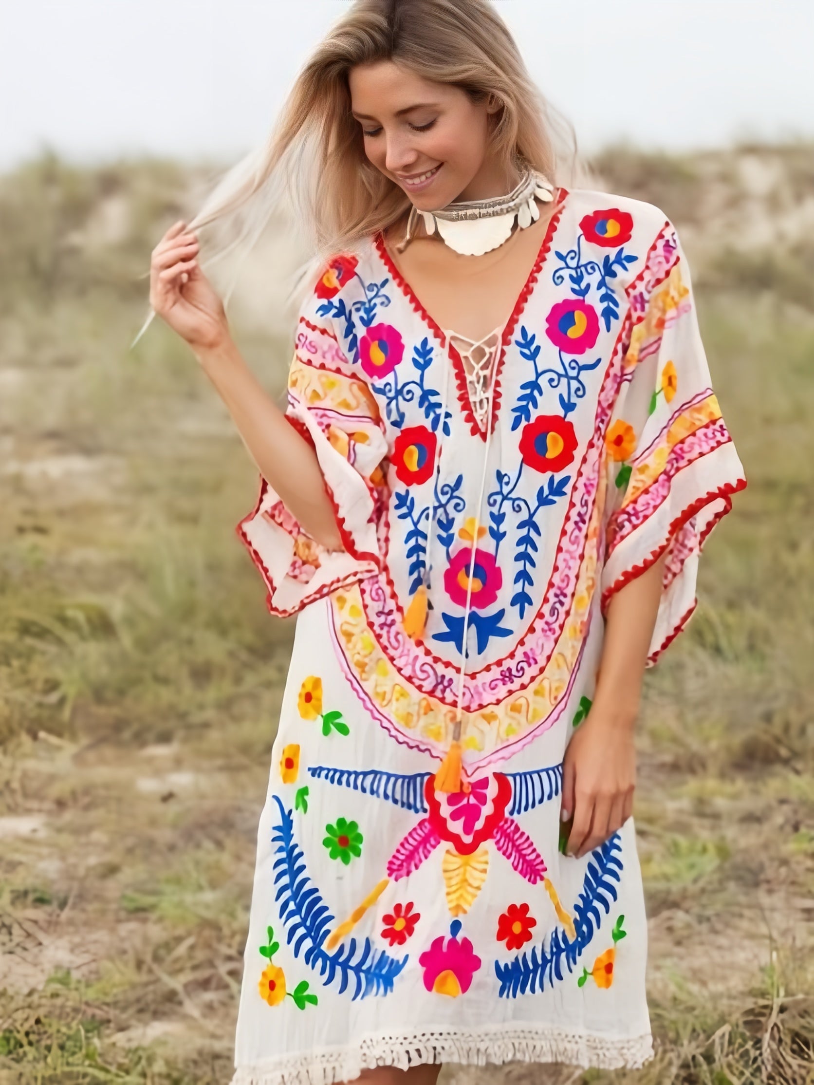 Vintage Style Women Summer Cotton Chain Embroidery Women Beachwear Robe Dress Tunic